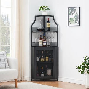 Corner Wine Bar Rack Cabinet with Detachable Wine Rack, Bar Cabinet with Glass Holder, Small Sideboard and Buffet Cabinet with Mesh Door - 1 of 4