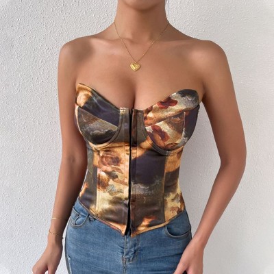 Women's Corset Strapless Printed Vest Front Buckle Back Lace - up Top