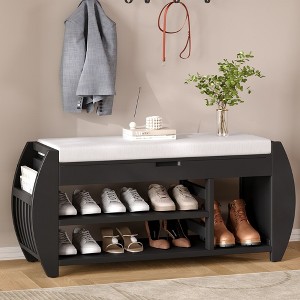 Retro Multifunctional Storage Bench with Cushion & Curved Side Panel - Perfect for Entrance & Living Room - 1 of 4