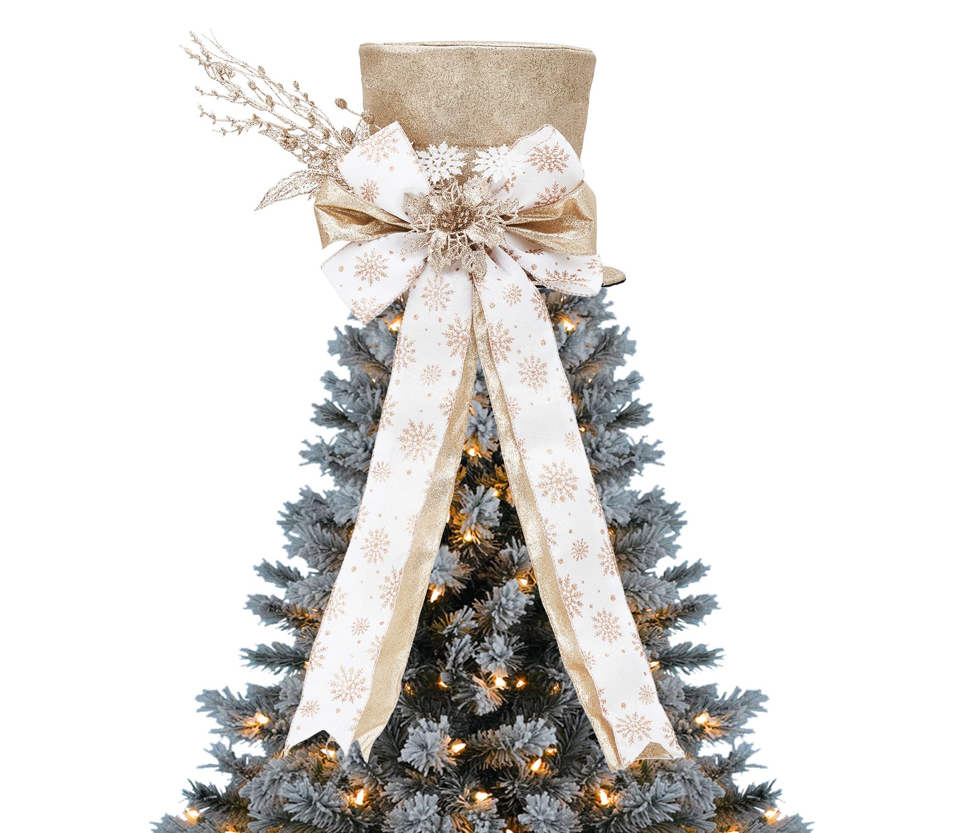 Orieon Sparkling Gold Santa Hat Christmas Tree Topper with Bow & Snowflakes - 25cm Luxury Festive Decor for Xmas Tree, Tabletop, Holiday Display.