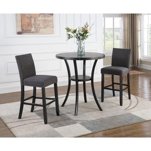 Roundhill Furniture Biony 3-Piece 36 Round Espresso Finish Bar Table with 2 Gray Fabric Nail Head Pub Chairs - 1 of 4