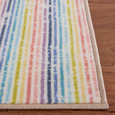 Ivory and Blue Geometric Stripes Kids Playhouse Rug, 6'7" x 9'