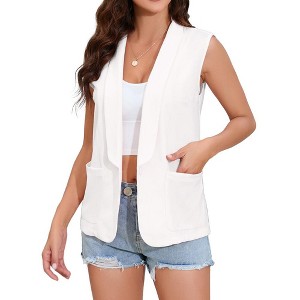 Sleeveless Blazer Vest For Women Open Front Casual Long Cardigan Singal Button Blazer Jacket With Pockets - 1 of 4