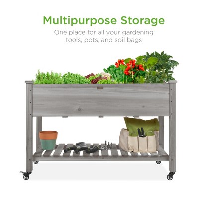 Gray Wooden Mobile Elevated Garden Bed with Shelf and Wheels