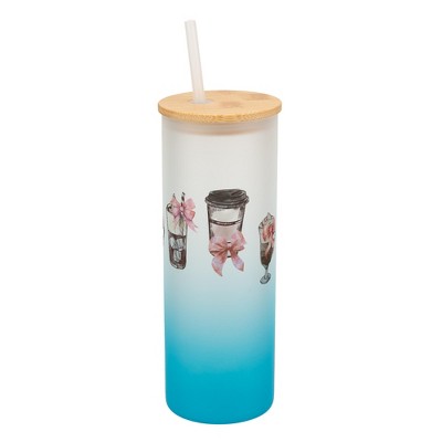 Elanze Designs 25 Ounce Frosted Glass Gradient Travel Tumbler With Straw and Wooden Lid, Coffee Drinks and Bows Sky Blue