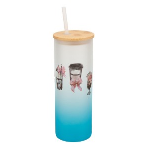 Elanze Designs 25 Ounce Frosted Glass Gradient Travel Tumbler With Straw and Wooden Lid, Coffee Drinks and Bows Sky Blue - 1 of 1