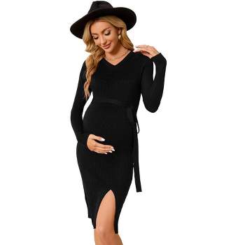 Maternity Cable Knit Sweater Long Sleeve Bodycon Dress V Neck Fall Casual Slit Midi Dress Baby Shower Photoshoot Belt
