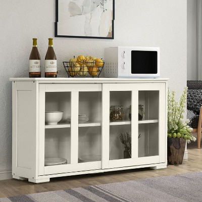 Munora Sideboard Buffet Cupboard Storage Cabinet with Sliding Door, 42" x 13" x 24.5", Cream White/Black/Gray/Brown