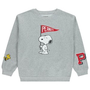 Ladies Snoopy Fashion Sweatshirt - Peanuts Crewneck with Chenille Patch and Embroidery Sleeve Prints - Snoopy Sweatshirt - 1 of 4