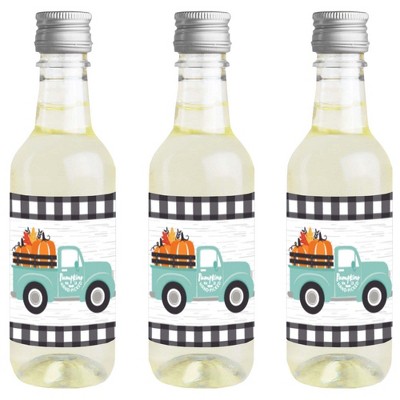 Big Dot of Happiness Happy Fall Truck - Mini Wine and Champagne Bottle Label Stickers - Harvest Pumpkin Party Favor Gift for Women and Men - Set of 16