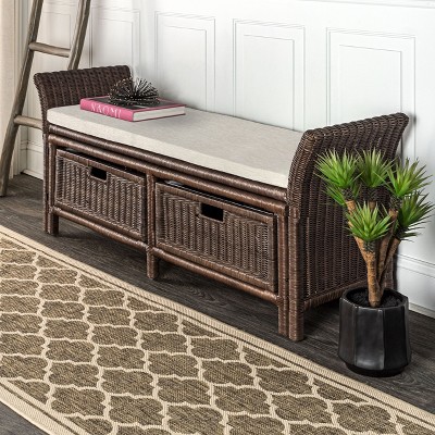 happimess Tropic 52" 2 Drawer Wicker Storage Bench wih Linen Cushion, Brown
