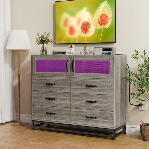 White Modern Dresser for Bedroom with 6 Drawers and 2 Door Storage Cabinet Multi Functional TV Stand with LED Lights and Charging Station Stylish St - 1 of 4