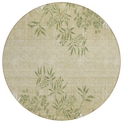 Khaki Ivory And Green Floral Washable Indoor Outdoor Area Rug