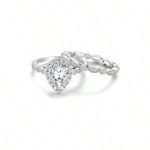 Sterling Silver Bridal Ring Set Teardrop Vintage Pear Promise Wedding Band for Women Size 9 - 1 of 4