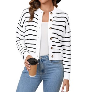 Women's Striped Cropped Cardigan Front Button Down Sweater Coats Sweater Knit Outerwear Everyday Cropped Jacket - 1 of 4