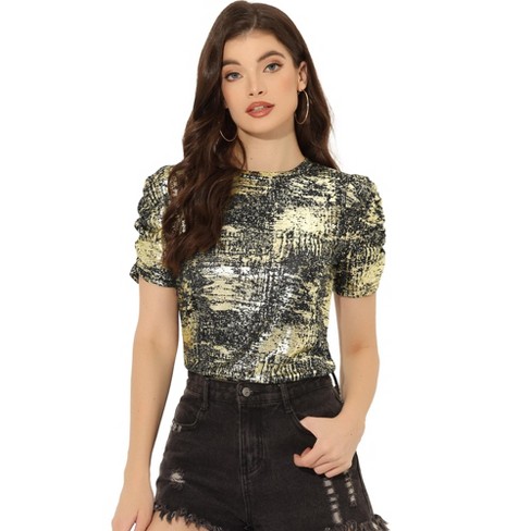 Allegra K Women's Sequin Shiny Glitter Crop Short Sleeves Tassel T