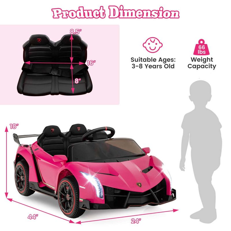 Costway Licensed Lamborghini 4WD Kids Ride-on Sports Car 12V Battery Powered 2.4G Remote Pink/White/Green/Black/Red, 3 of 11