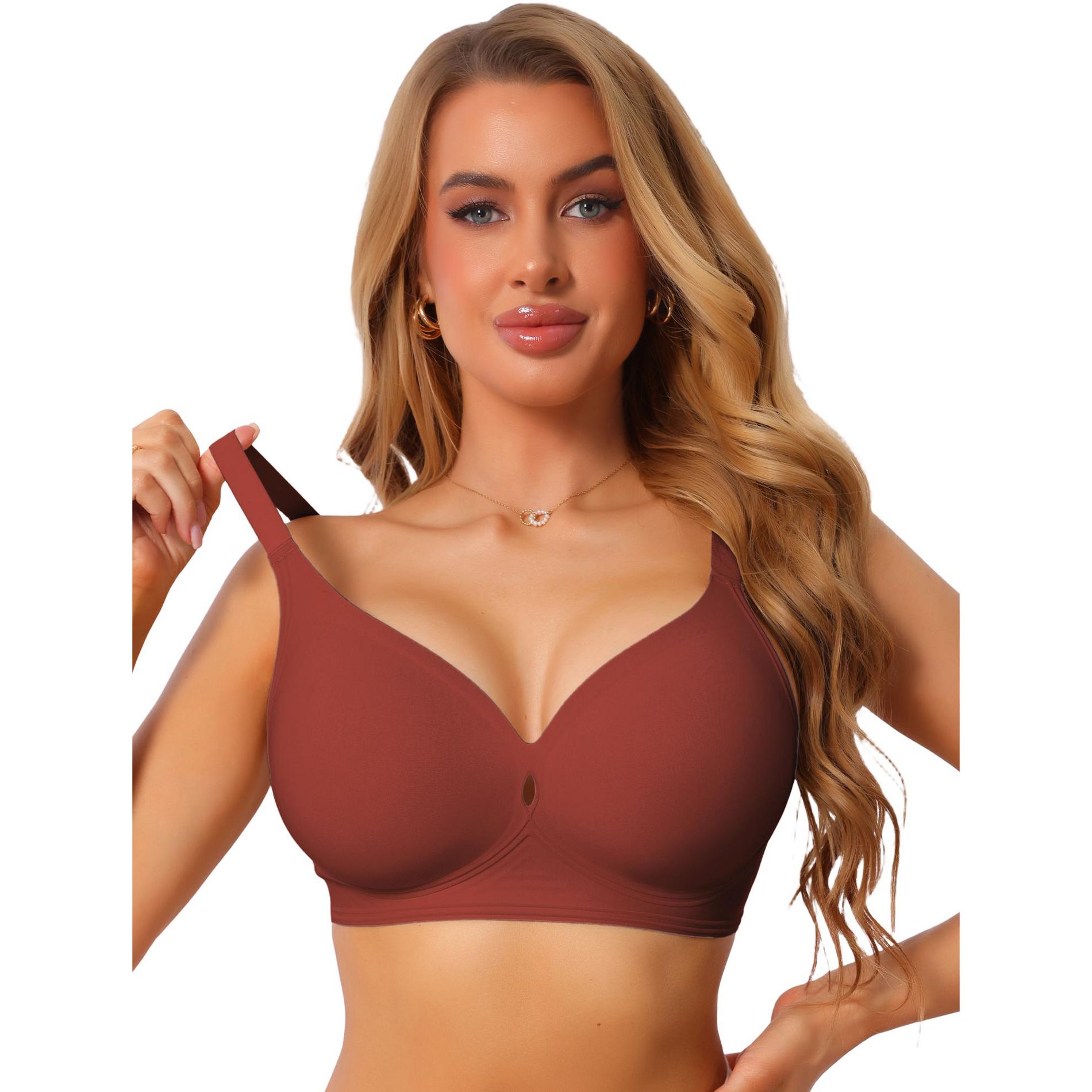 INSPIRE CHIC Women's Deep V Wide Straps Push Up Soft Support Seamless Wireless Breathable Lingerie Bra Medium Red