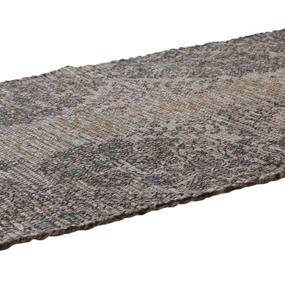 Vintage Inspired Blue and Brown Floral Cotton Rectangular Rug