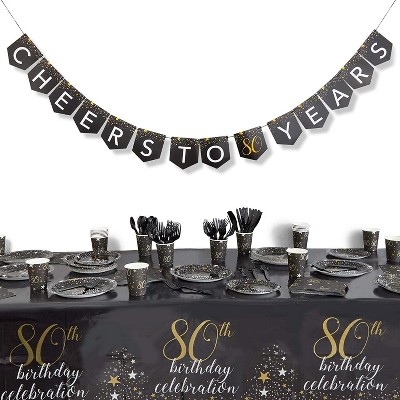 80th Birthday Party Pack, Dinnerware Set and Banner (Serves 24, 170 Pieces)
