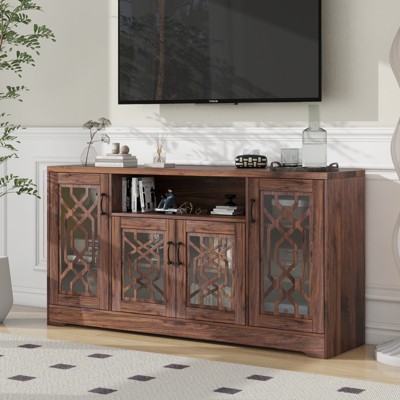 DOMETOUR 61.5 Inch Wood TV Stand, Rustic Media Console with Storage Shelves, Entertainment Center for Living Room