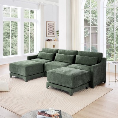 3-Seater Chenille Fabric Beige Sofa with 2 Movable Ottomans and Lumbar Pillow High-Resilience Sponge High Quality Wooden Base
