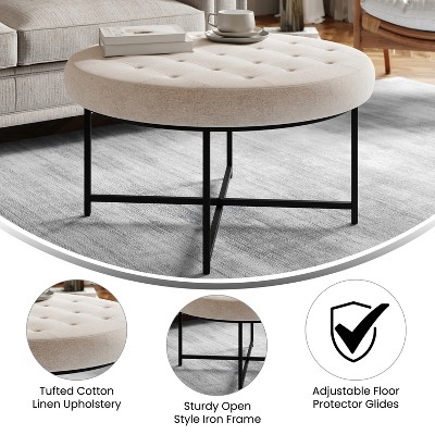 34-Inch Round Tufted Off-White Cotton Linen Ottoman with Black Metal Frame