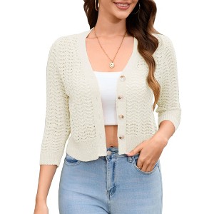 Women's 3/4 Sleeve Cropped Cardigan Summer Lightweight Button Down Sweater Crochet Knit Bolero Shrugs - 1 of 4