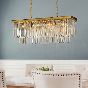 ALOADECOR 11-Light Antique Gold Modern Fringe Crystal Chandelier Rectangular Lighting Adjustable for Dining & Kitchen Areas - 1 of 4