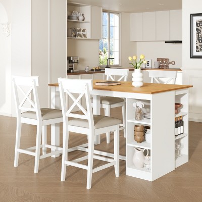 5 PCS Farmhouse Dining Set, 1 Table and 4 Cross-Back Chairs, Counter Height Dining Table with Storage Shelves and Upholstered Chairs-Baofuwish