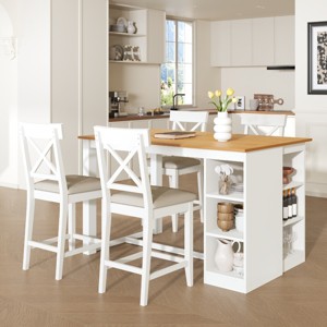 5 PCS Farmhouse Dining Set, 1 Table and 4 Cross-Back Chairs, Counter Height Dining Table with Storage Shelves and Upholstered Chairs-Baofuwish - 1 of 4