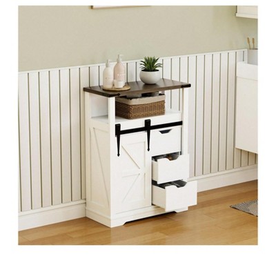 White Bathroom Floor Cabinet, Farmhouse Storage Cabinet With Sliding Barn Door, Small Storage Cabinet With 3 Storage Drawers & Open Shelf For Bathroo
