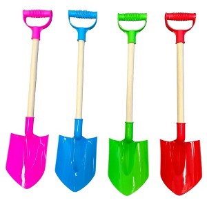 Fun Stuff 22 Inch Kids Beach Sand Shovels Set, 4 Pack Colorful Plastic Garden Tools with Wooden Handle, Pink Blue Green Red - 1 of 1