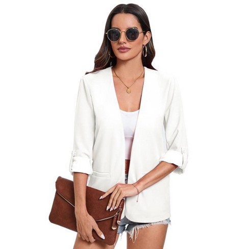 Women s Open Front 3 4 Roll Sleeve Jacket Office Business Blazer Jackets No Lapel Blazer with Pockets White XL