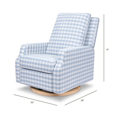 Blue Gingham Velvet Swivel Recliner with Light Wood Base