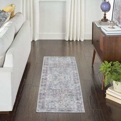 Light Grey/Blue Floral Cotton Chenille Reversible Area Rug 2'2" x 8'