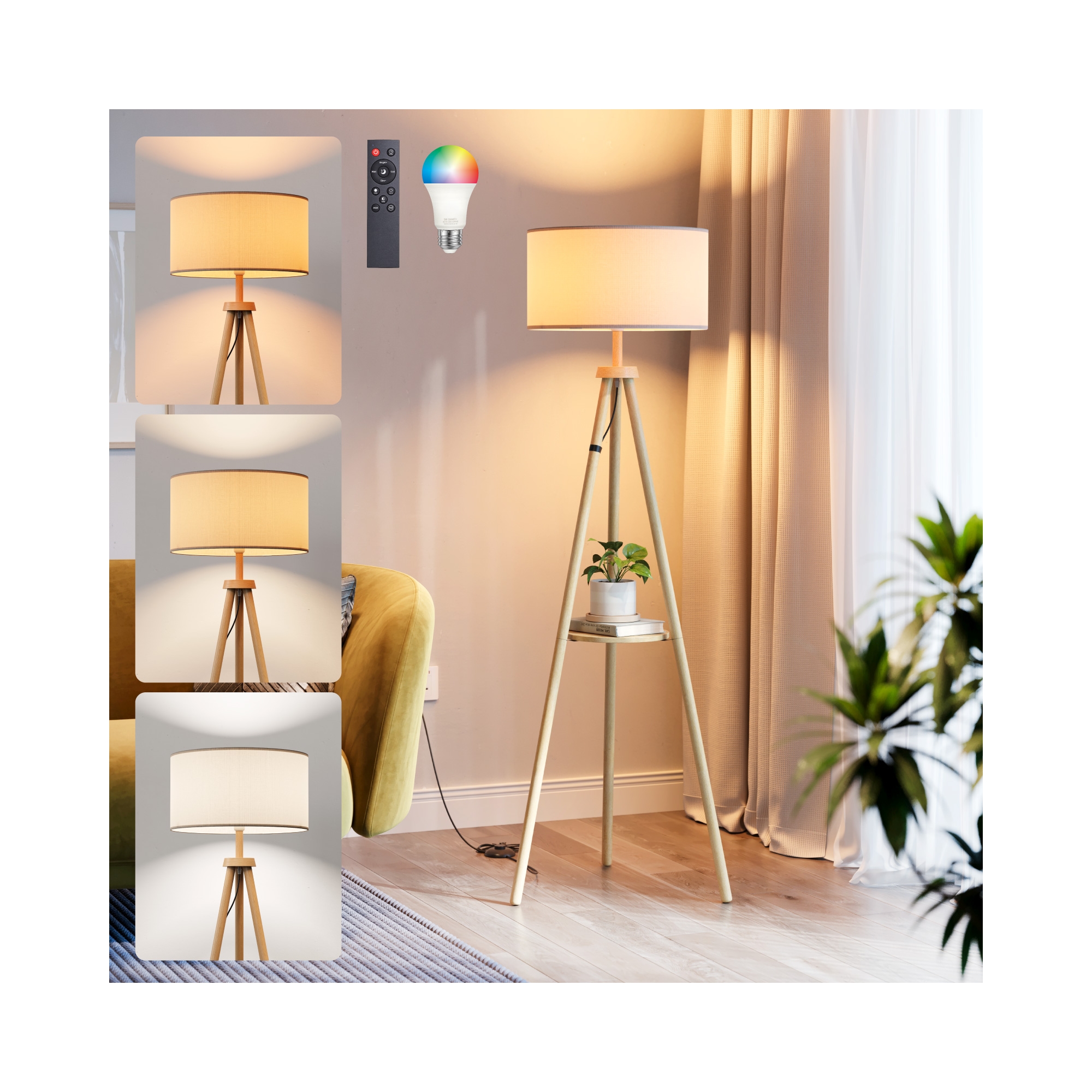 Floor Lamp with Shelf Tripod Standing Lamp with LED Bulb Remote and App Control Modern E26 Boho Copper Lamp for Bedroom Living Room Office
