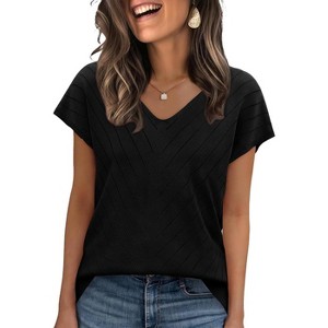 Women's V - Neck Cap Sleeve Knit Blouse Summer Casual Tops - 1 of 3