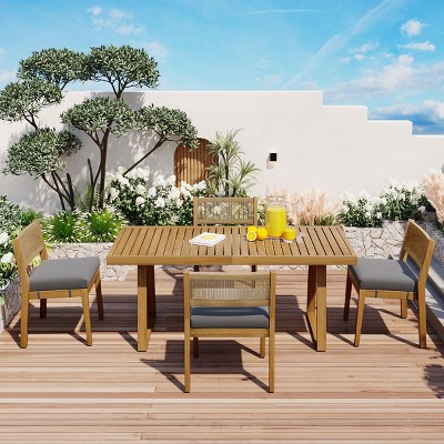 5-Piece Outdoor Dining Set,  Dining Chairs, Rope Woven Dining Chair with HDPE Backrest, Acacia Wood Frame and Foam Cushions–Cuddlewood