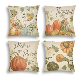 4Pcs Fall Pillow Covers, Pumpkin Patch Thanksgiving Watercolor Farmhouse Decor, Soft Throw Pillowcases for Couch Sofa Bedroom - 1 of 4