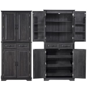 Gulches 71 Tall Farmhouse Kitchen Pantry Cabinet Embossed Texture 3 Pull Out Organizers 6 Door Shelves 2 Drawers MDF Freestanding Storage Black - 1 of 4