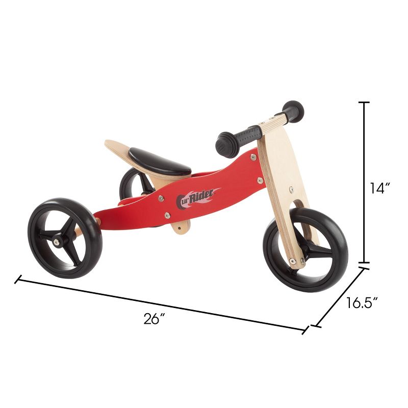 Toy Time 2-in-1 Wooden Balance Bike and Push Tricycle- Ride-On Toy with Easy Grip Handles, No Pedals, Rubber Wheels - Red, 2 of 3