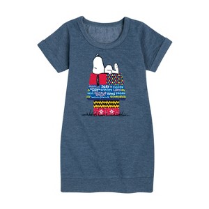 - Peanuts - Snoopy Patchwork Doghouse Graphic Short Sleeve Fleece Dress - 1 of 4