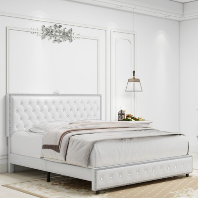 Okak Full Platform Bed Frame Upholstered Bed with Adjustable Height Headboard and USB Charger Music Speaker Star Projector Noise-Free