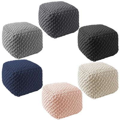 Black Hand-Knitted Cotton Square Pouf Ottoman
