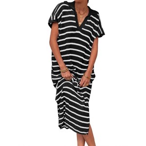 Imily Bela Women's striped dress, striped dress, short-sleeve V-neck knit dress, sexy slit, loose long collared sweater dress - 1 of 4