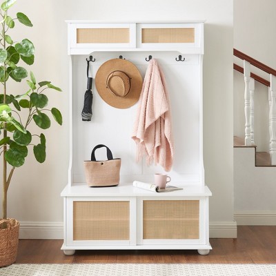 Casual Style Hall Tree Entryway Bench with Rattan Door Shelves and Shoe Cabinets