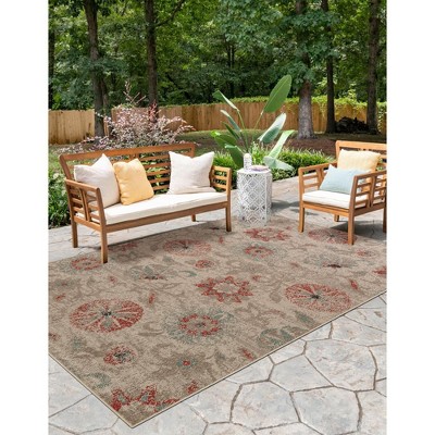 Rectangular Beige and Light Brown Synthetic Outdoor Rug