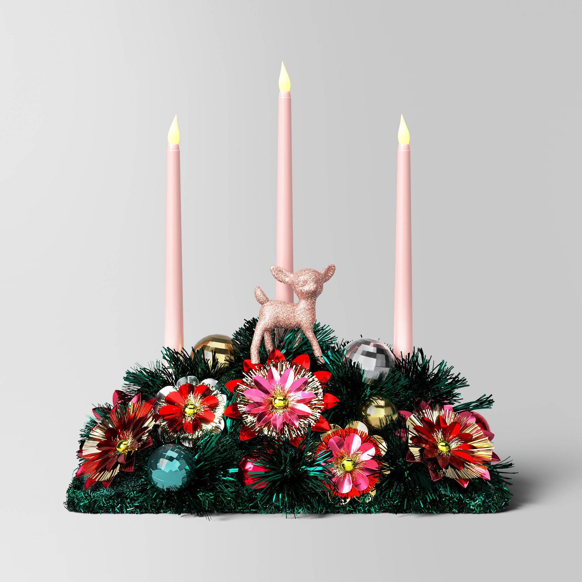 Christmas Lit Tinsel Centerpiece with Led Candolier Decor-Red/Pink - Wondershop™