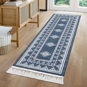 Indoor Tassel Area Rug for Bedroom Living Room - Washable Bordered Farmhouse Carpet, Non-Slip Soft Low Pile Stain-Resistant Mat - 1 of 4